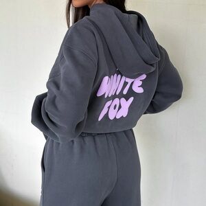 White Fox Boutique Charcoal Hoodie with Lavender Print